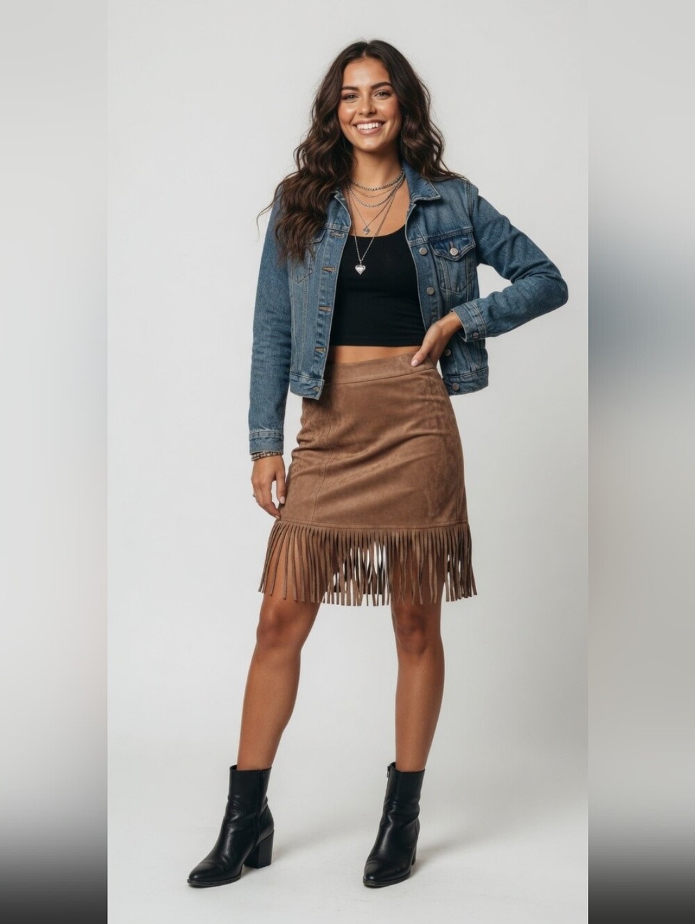 Artisan NY Faux Suede Midi Skirt With Fringe Tan Camel Size 10 Boho